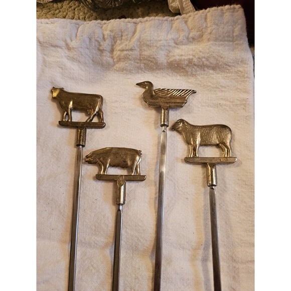 Set Of Four Brass And Stainless Steel Skewers Or Meat Identifiers Beef Pork... - Picture 2 of 9